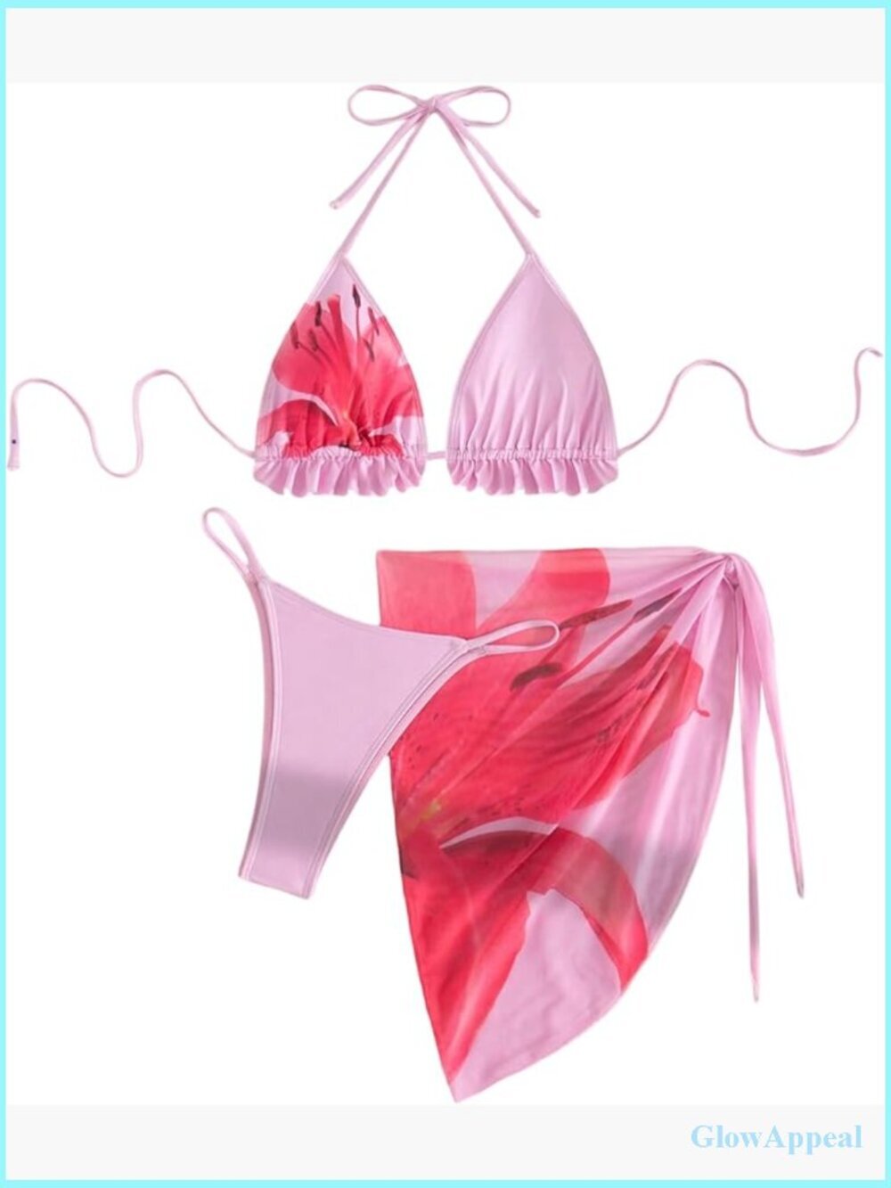 3 Piece Bikini Set with Sarong Cover Up Halter Triangle String Thong Swimsuit